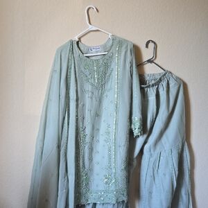 Light Sage Embroidered 3-Piece Ethnic Set